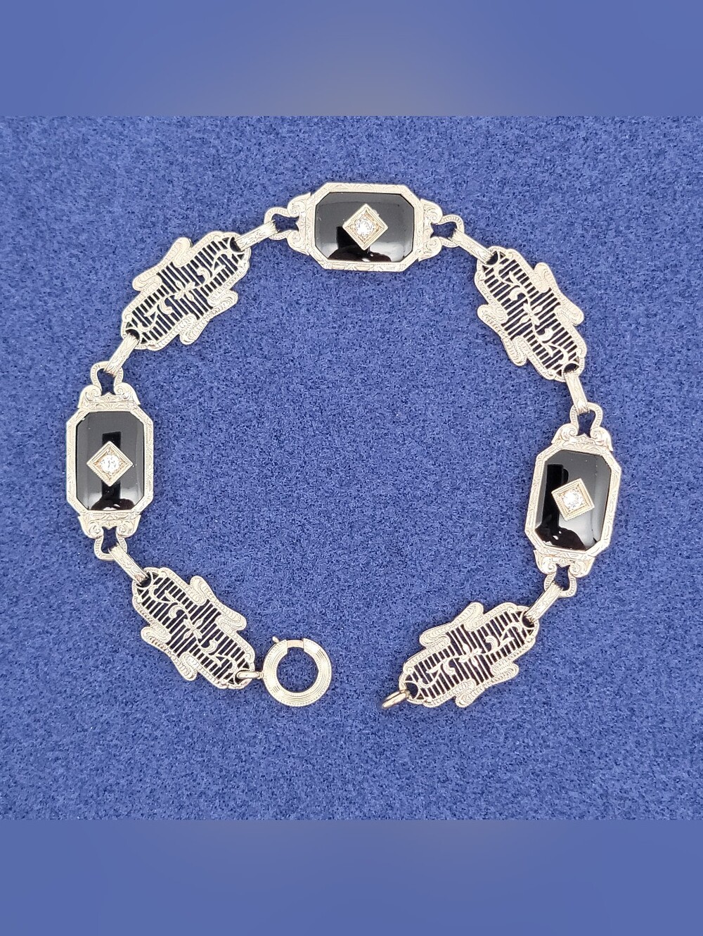 Antique Art Deco 14k White Gold Filigree Black Onyx Diamond Bracelet Size 6.5